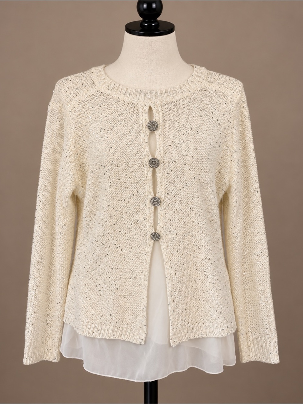 NWT Sequin Rhinestone Button Layered Cardigan White L